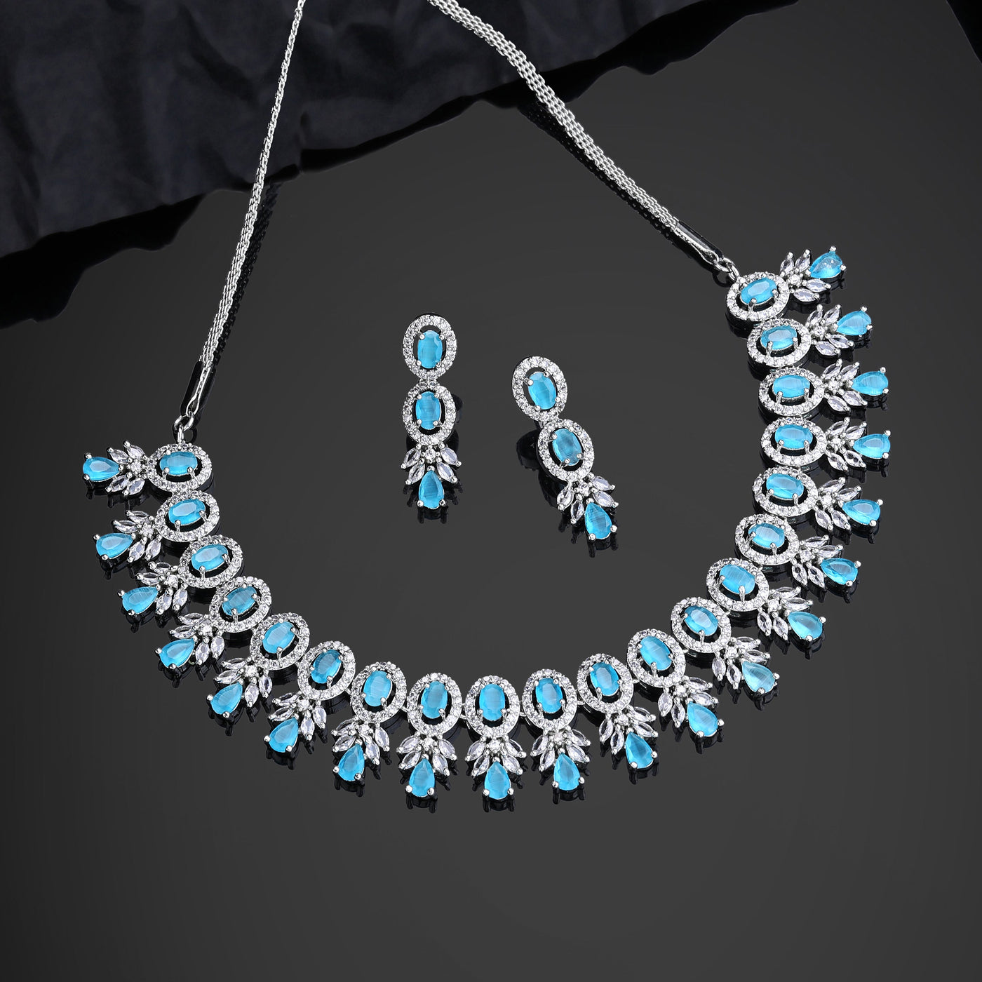 Estele Rhodium Plated CZ Exquisite Necklace Set with Mint Blue Stones for Women