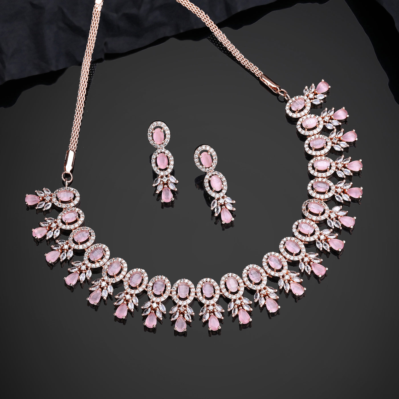 Estele Rose Gold Plated CZ Fascinating Necklace Set with Mint Pink Stones for Women