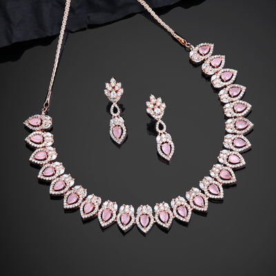 Estele Rose Gold Plated CZ Classic Pear Designer Necklace Set with Mint Pink Stones for Women