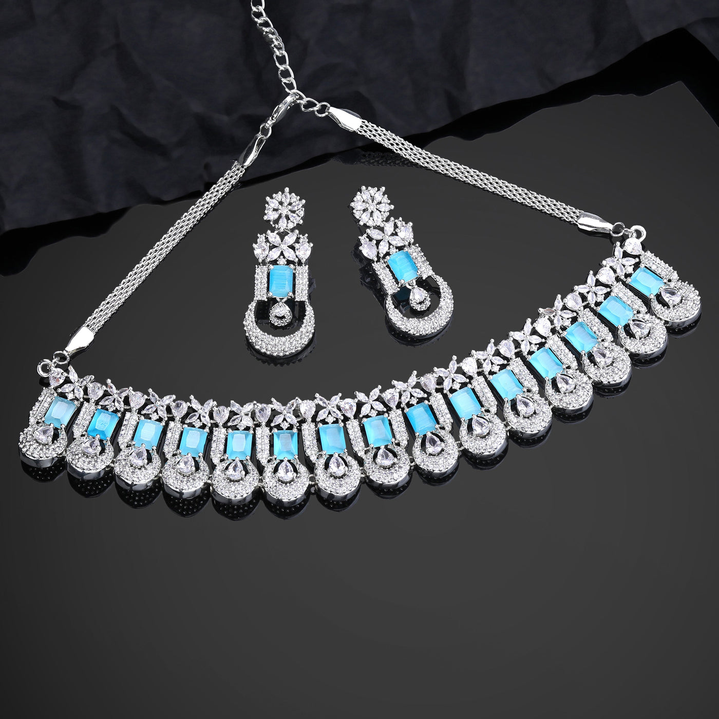 Estele Rhodium Plated CZ Gorgeous Designer Necklace Set with Mint Blue Stones for Women