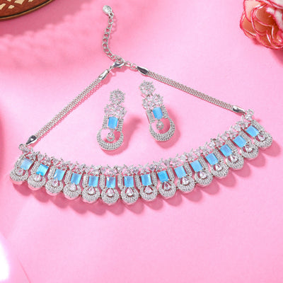 Estele Rhodium Plated CZ Gorgeous Designer Necklace Set with Mint Blue Stones for Women