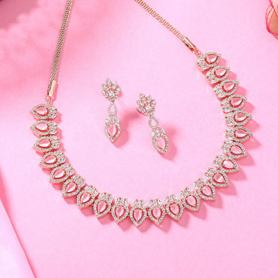 Estele Rose Gold Plated CZ Classic Pear Designer Necklace Set with Mint Pink Stones for Women