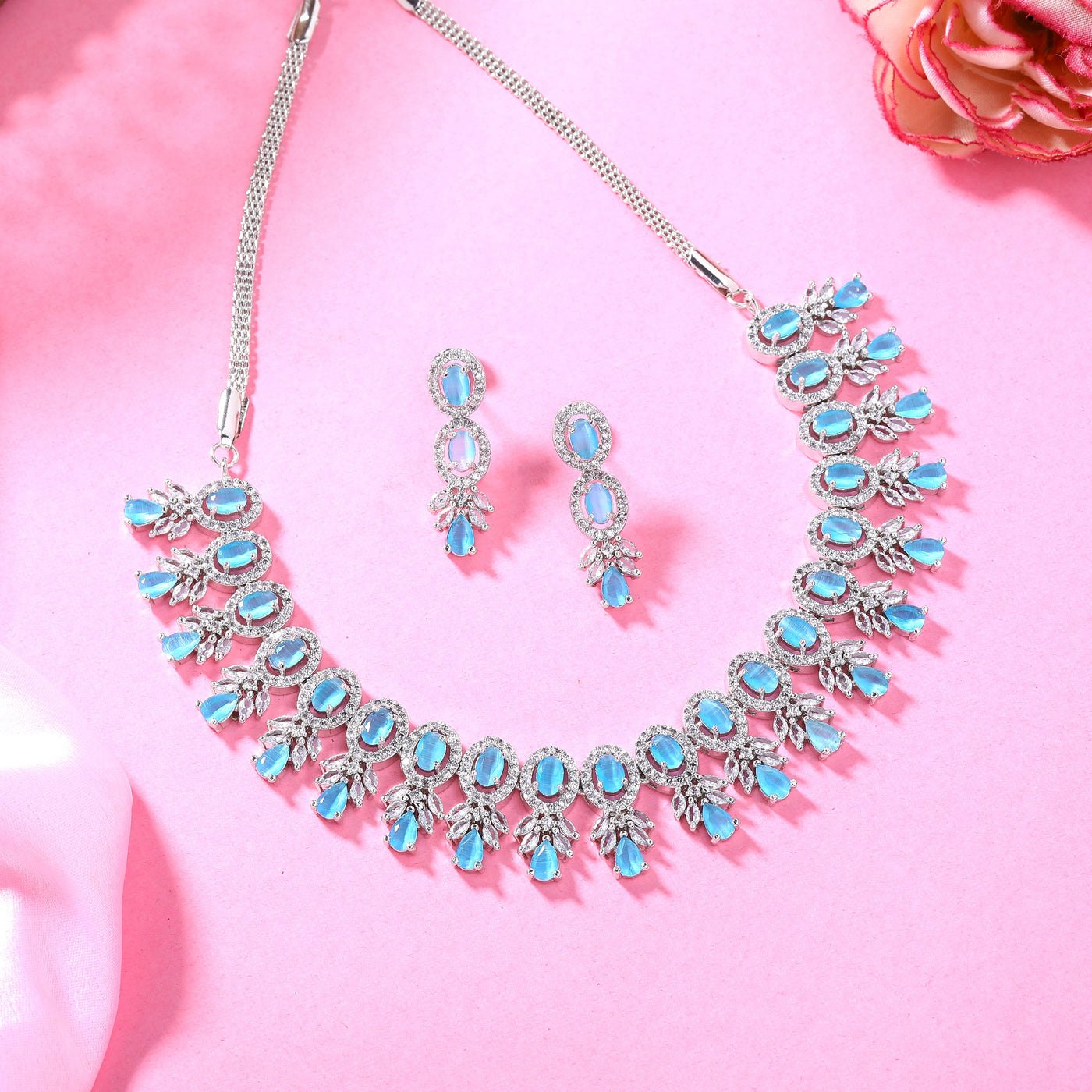 Estele Rhodium Plated CZ Exquisite Necklace Set with Mint Blue Stones for Women