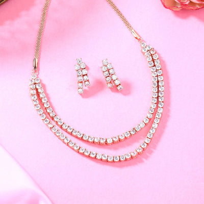 Estele Rose Gold Plated CZ Classic Double Line Necklace Set for Women