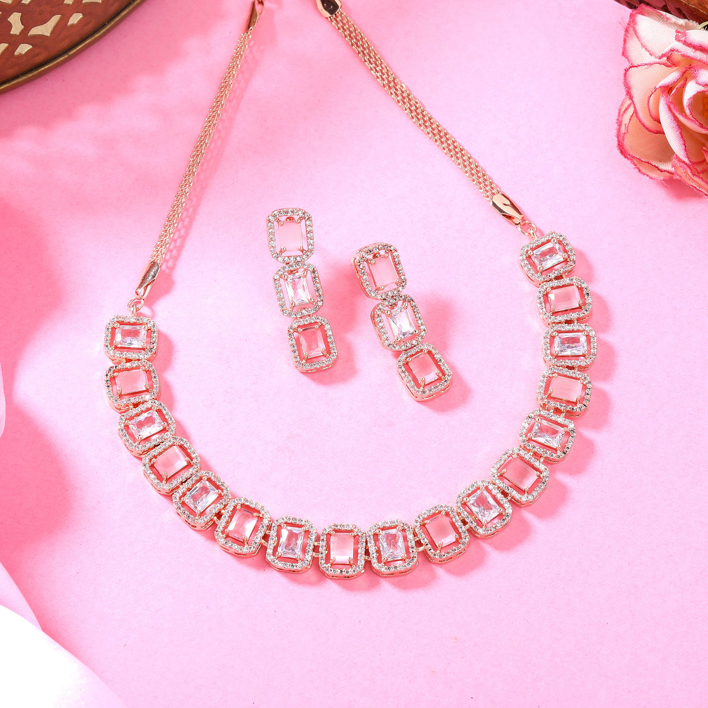 Estele Rose Gold Plated CZ Elegant Necklace Set with Mint Pink Stones for Women