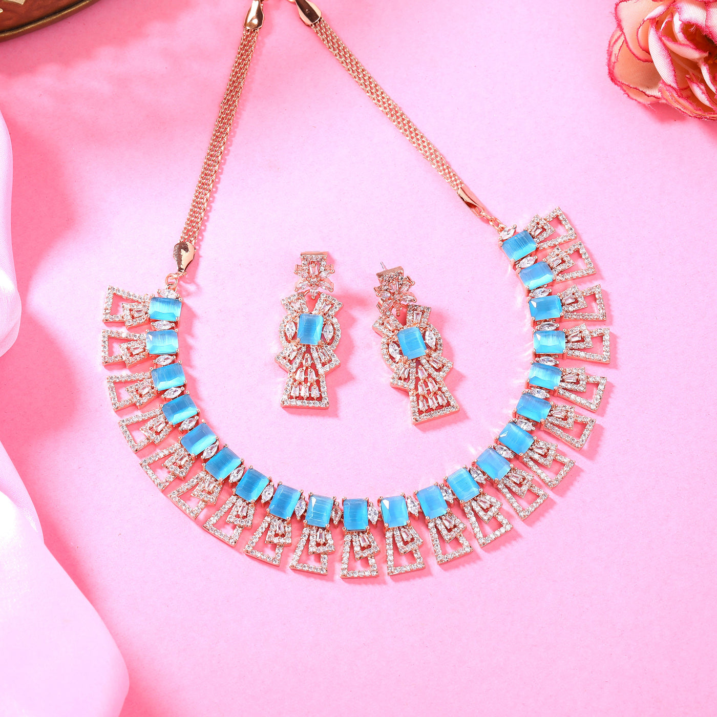 Estele Rose Gold Plated CZ Ravishing Necklace Set with Tourquoise Blue Stones for Women