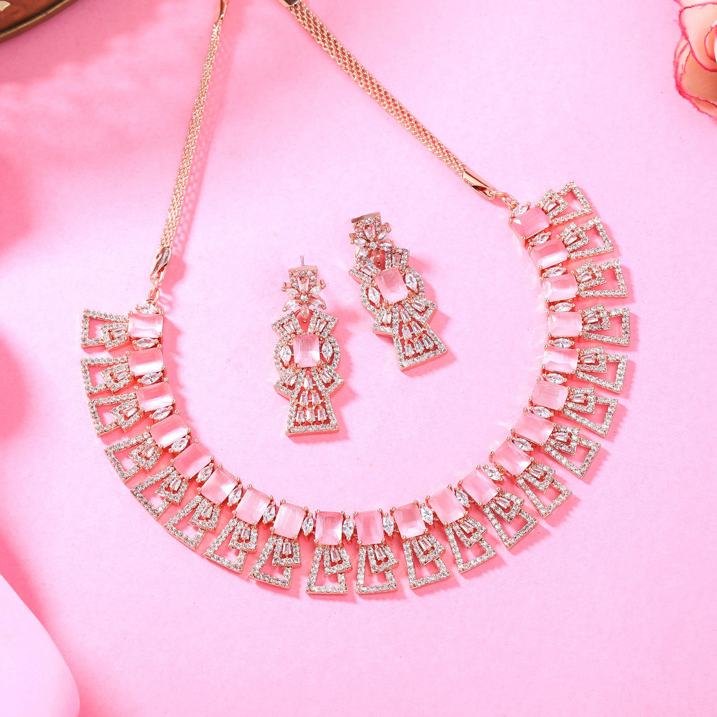 Estele Rose Gold Plated Gorgeous Mint Pink American Diamond Necklace Set for Women