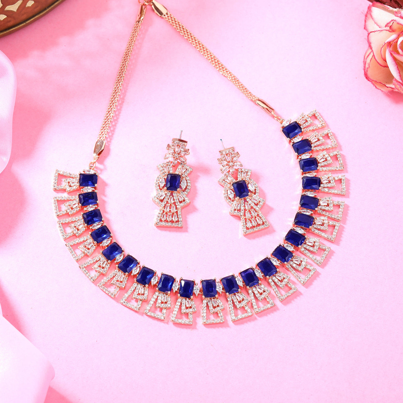 Estele Rose Gold Plated CZ Ravishing Necklace Set with Blue Stones for Women