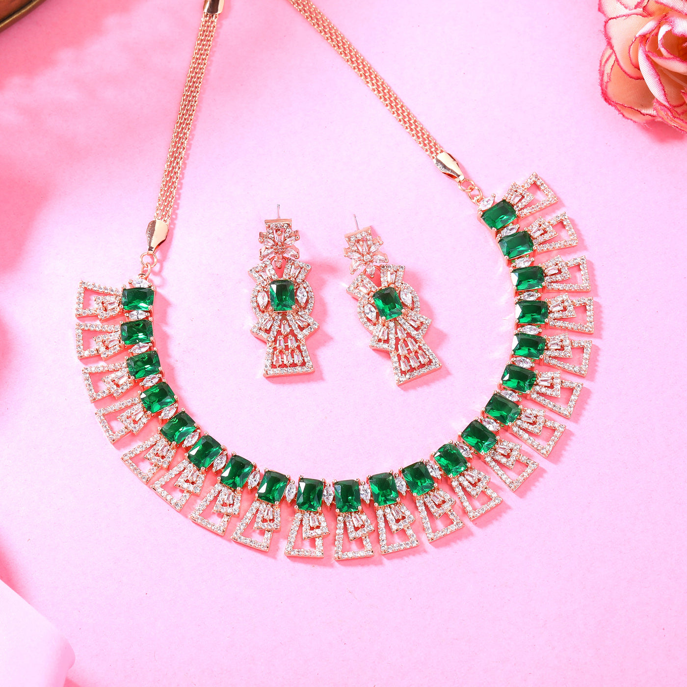 Estele Rose Gold Plated CZ Ravishing Necklace Set with Green Stones for Women