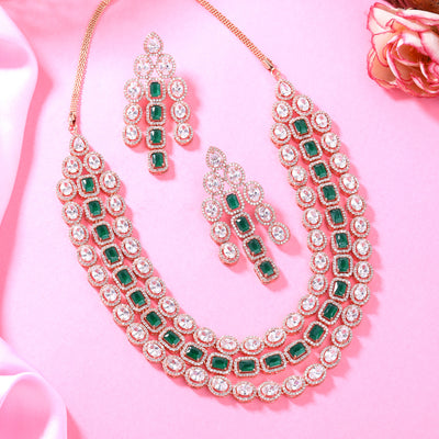 Estele Rose Gold Plated CZ Spectacular Triple Line Necklace Set with Green Stones for Women