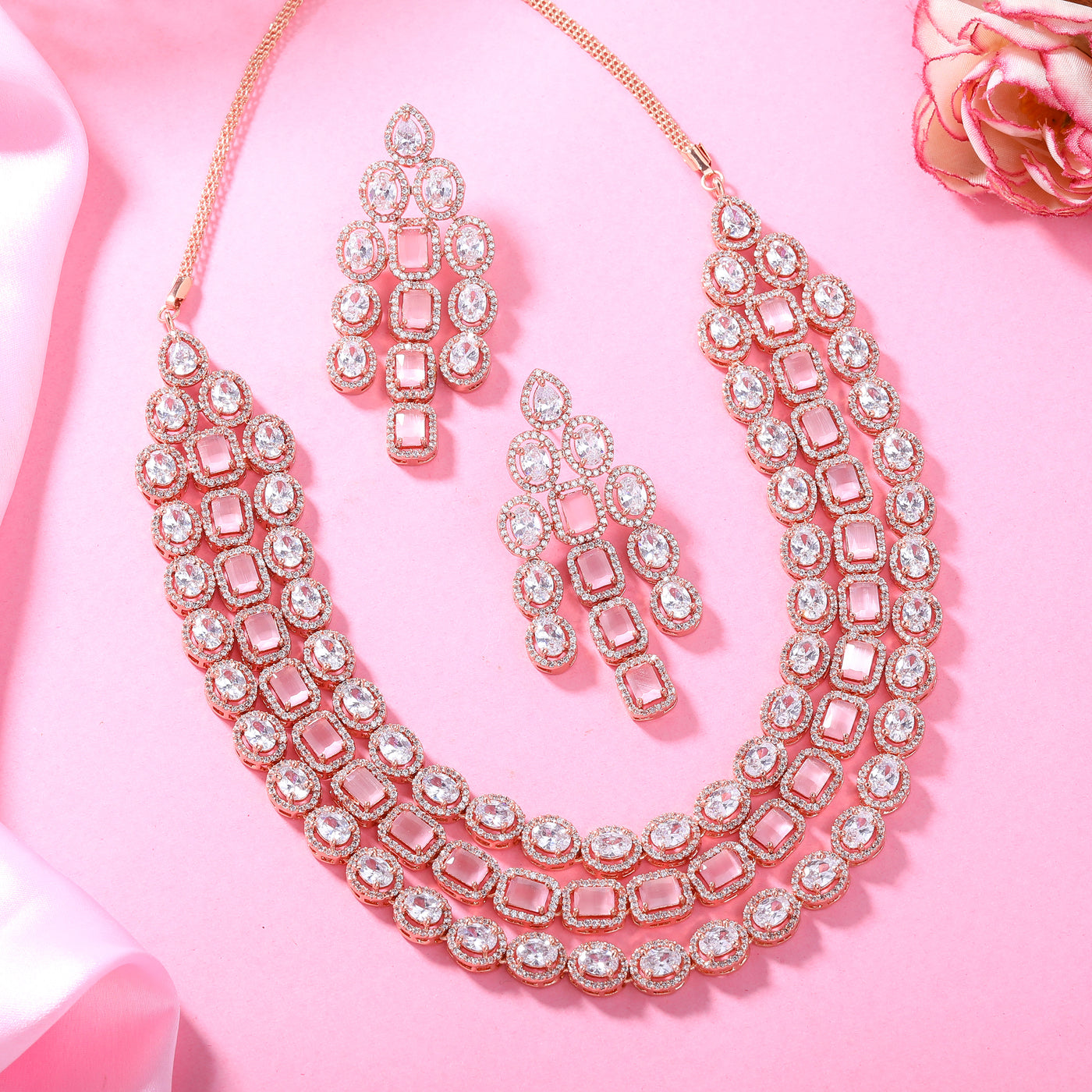 Estele Rose Gold Plated CZ Spectacular Three Line Necklace Set with Mint Pink Stones for Women