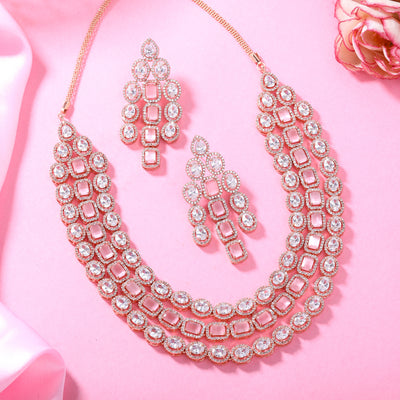 Estele Rose Gold Plated CZ Spectacular Three Line Necklace Set with Mint Pink Stones for Women