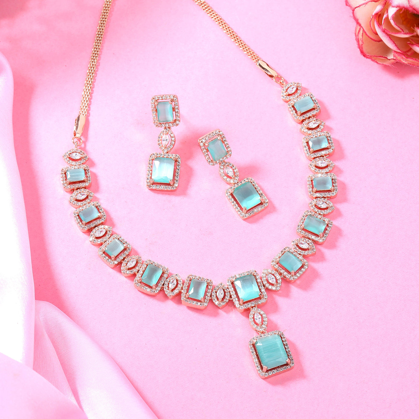 Estele Rose Gold Plated CZ Shimmering Square Designer Necklace Set with Mint Green Stones for Women