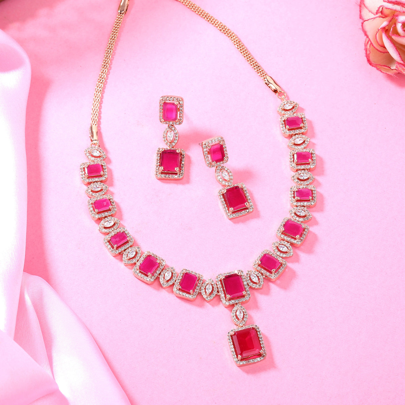 Estele Rose Gold Plated CZ Shimmering Square Designer Necklace Set with Ruby Stones for Women