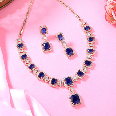 Estele Rose Gold Plated CZ Shimmering Square Designer Necklace Set with Blue Stones for Women