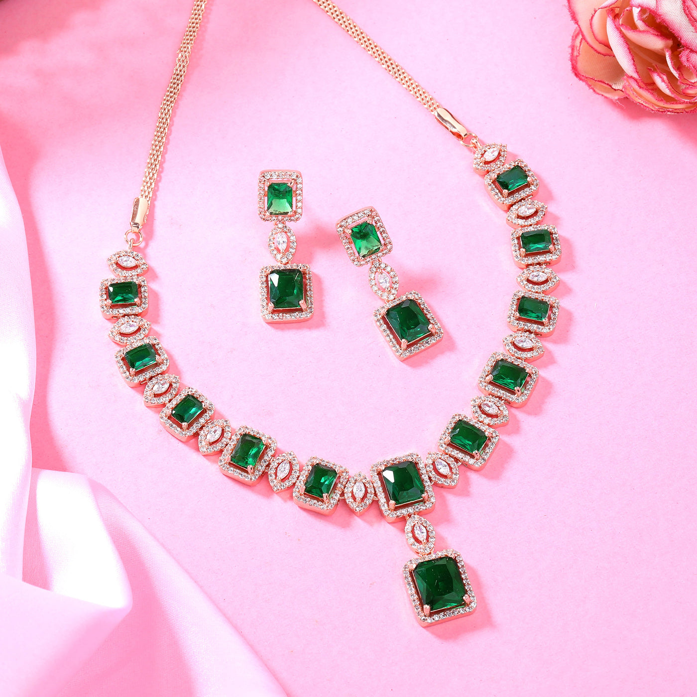 Estele Rose Gold Plated CZ Shimmering Square Designer Necklace Set with Green Stones for Women