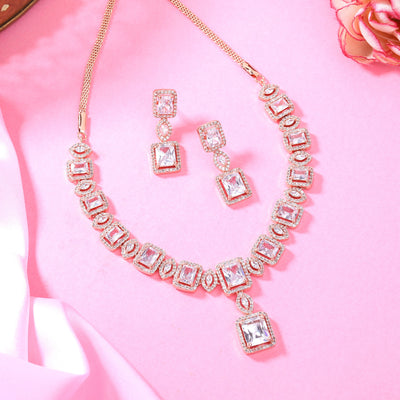 Estele Rose Gold Plated CZ Shimmering Square Designer Necklace Set with White Stones for Women