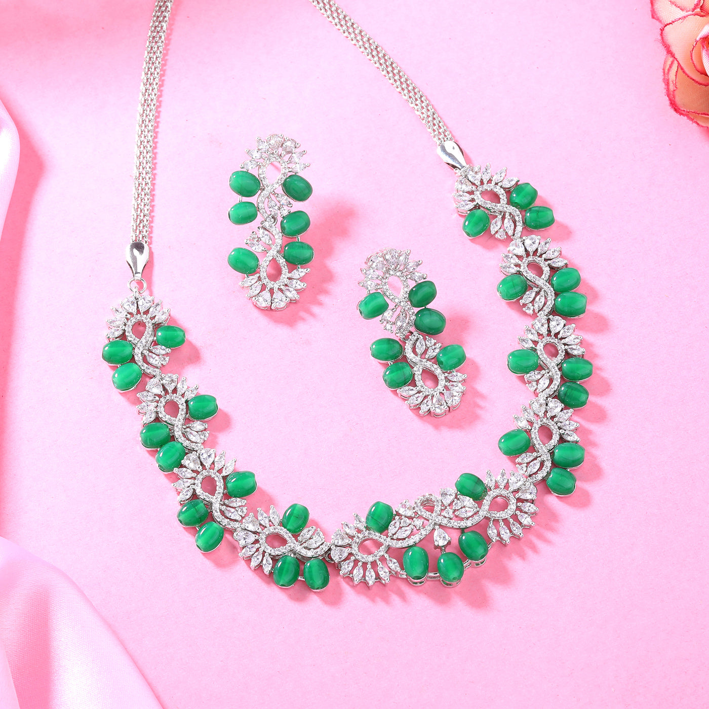 Estele Rhodium Plated CZ Glittering Necklace Set with Green Beads for Women