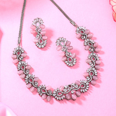 Estele Victorian Plated CZ Glittering Varya Necklace Set with Mint Pink Beads for Girls & Women