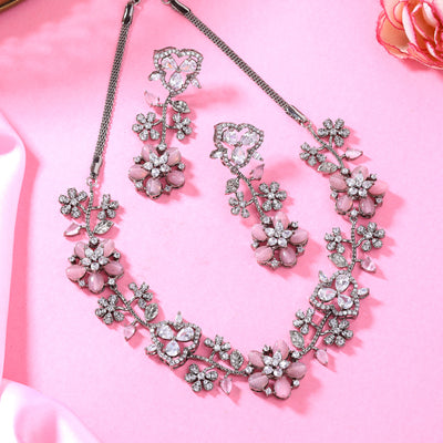 Estele Victorian Plated CZ Glamorous Floral Necklace Set with Mint Pink Beads for Women