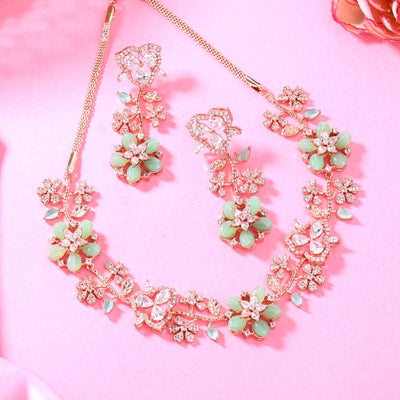 Estele Rose Gold Plated CZ Glamorous Floral Necklace Set with Mint Green Beads for Women