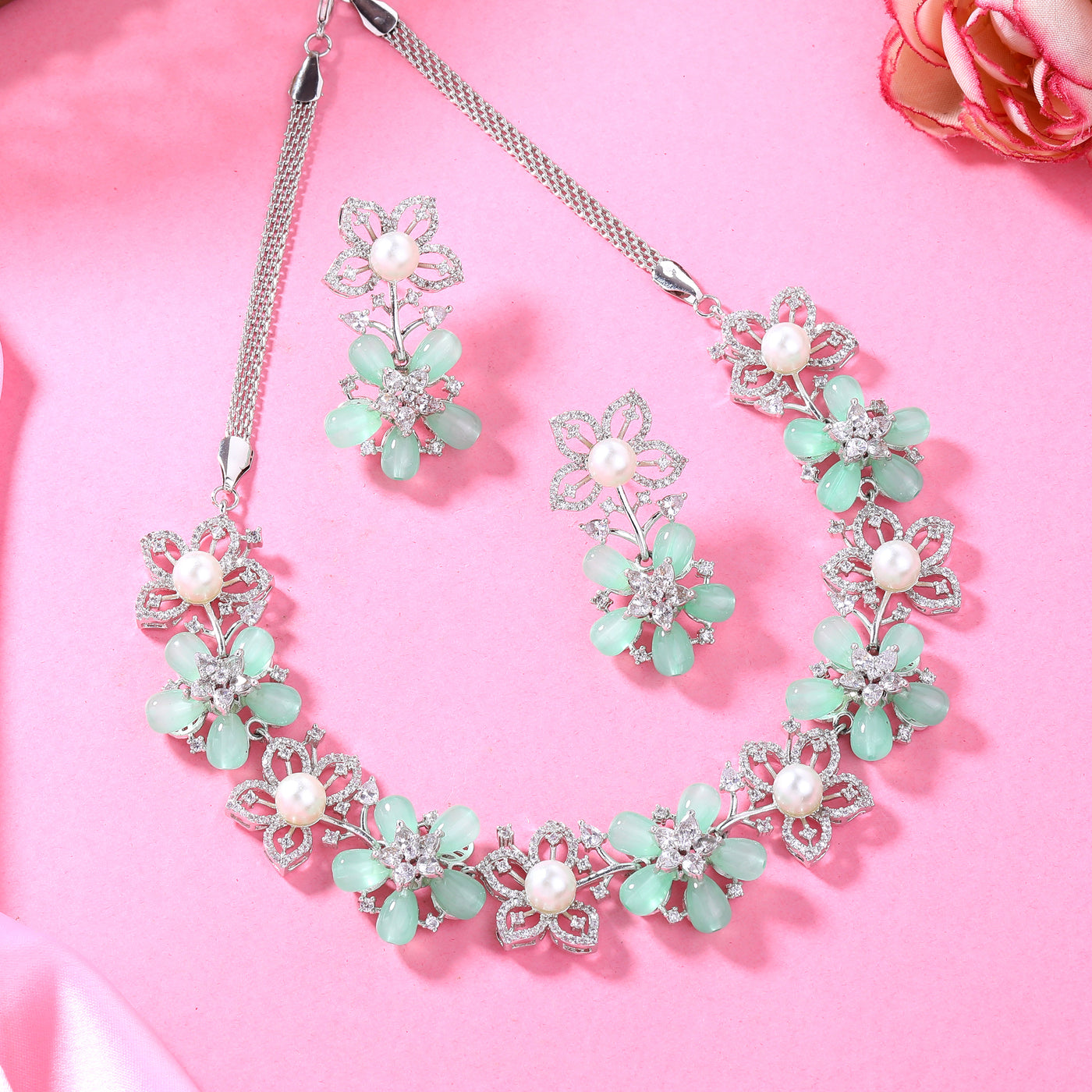 Estele Rhodium Plated CZ Dazzling Daisy Necklace Set with Mint Green Stones for Women