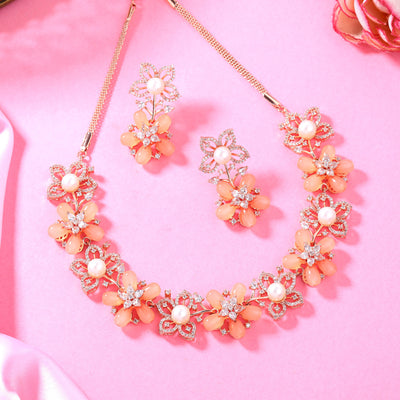 Estele Rose Gold Plated CZ Dazzling Daisy Necklace Set with Mint Orange Stones for Women