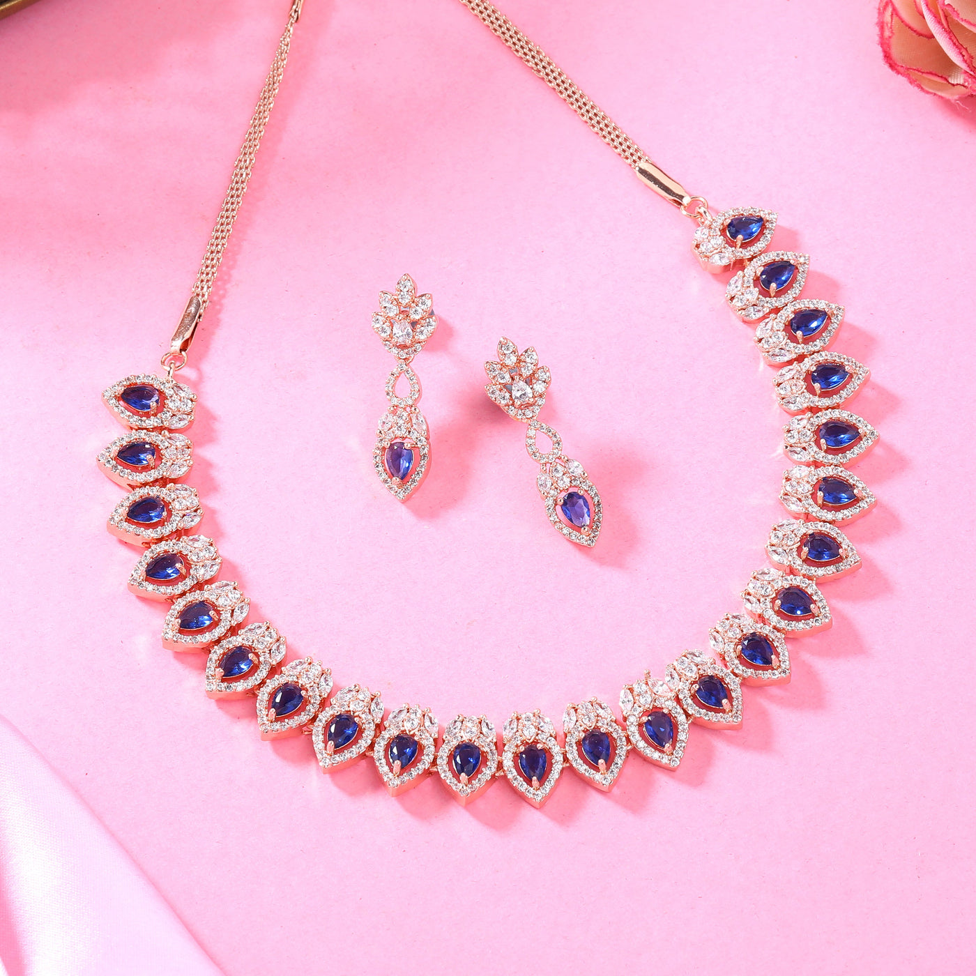 Estele Rose Gold Plated CZ Classic Pear Designer Necklace Set with Blue Stones for Women