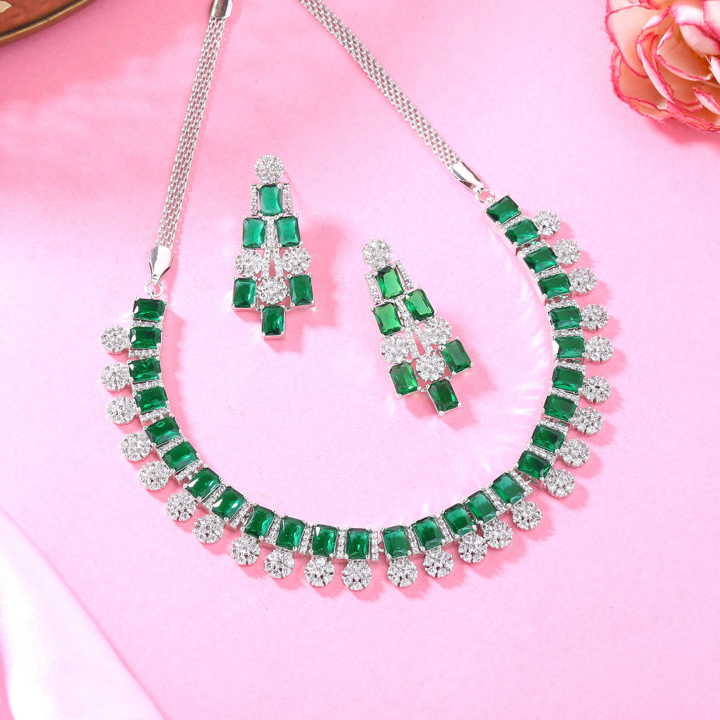 Estele Rhodium Plated CZ Shimmering Necklace Set with Green Stones for Women