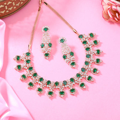 Estele Rose Gold Plated CZ Astonishing Necklace Set with Green Stones for Women