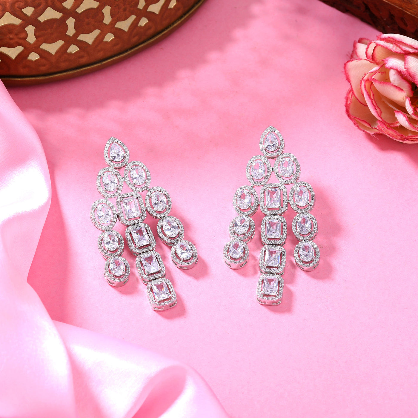 Estele Rhodium Plated CZ Scintillating Earrings with White Stones for Women