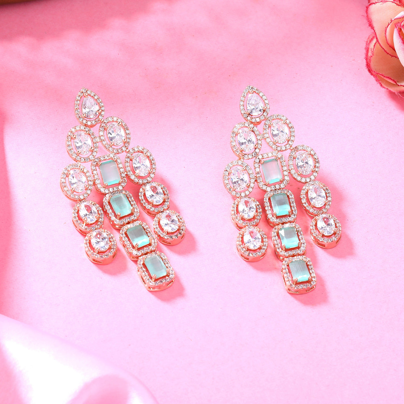 Estele Rose Gold Plated CZ Scintillating Earrings with Mint Green Stones for Women