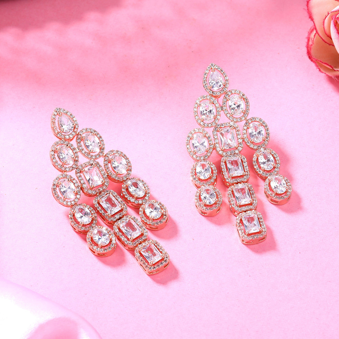 Estele Rose Gold Plated CZ Scintillating Earrings with White Stones for Women