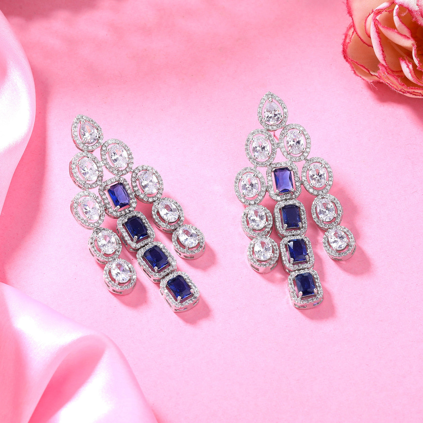 Estele Rhodium Plated CZ Scintillating Earrings with Blue Stones for Women