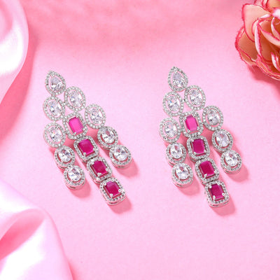 Estele Rhodium Plated CZ Scintillating Earrings with Ruby Stones for Women