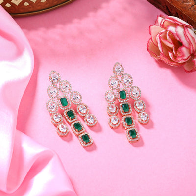 Estele Rose Gold Plated CZ Scintillating Earrings with Green Stones for Women