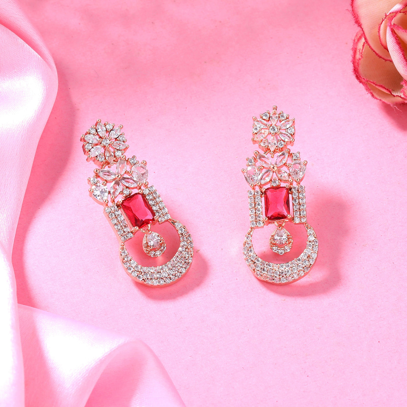 Estele Rose Gold Plated CZ Gorgeous Designer Drop Earrings with Tourmaline Pink Crystals for Women