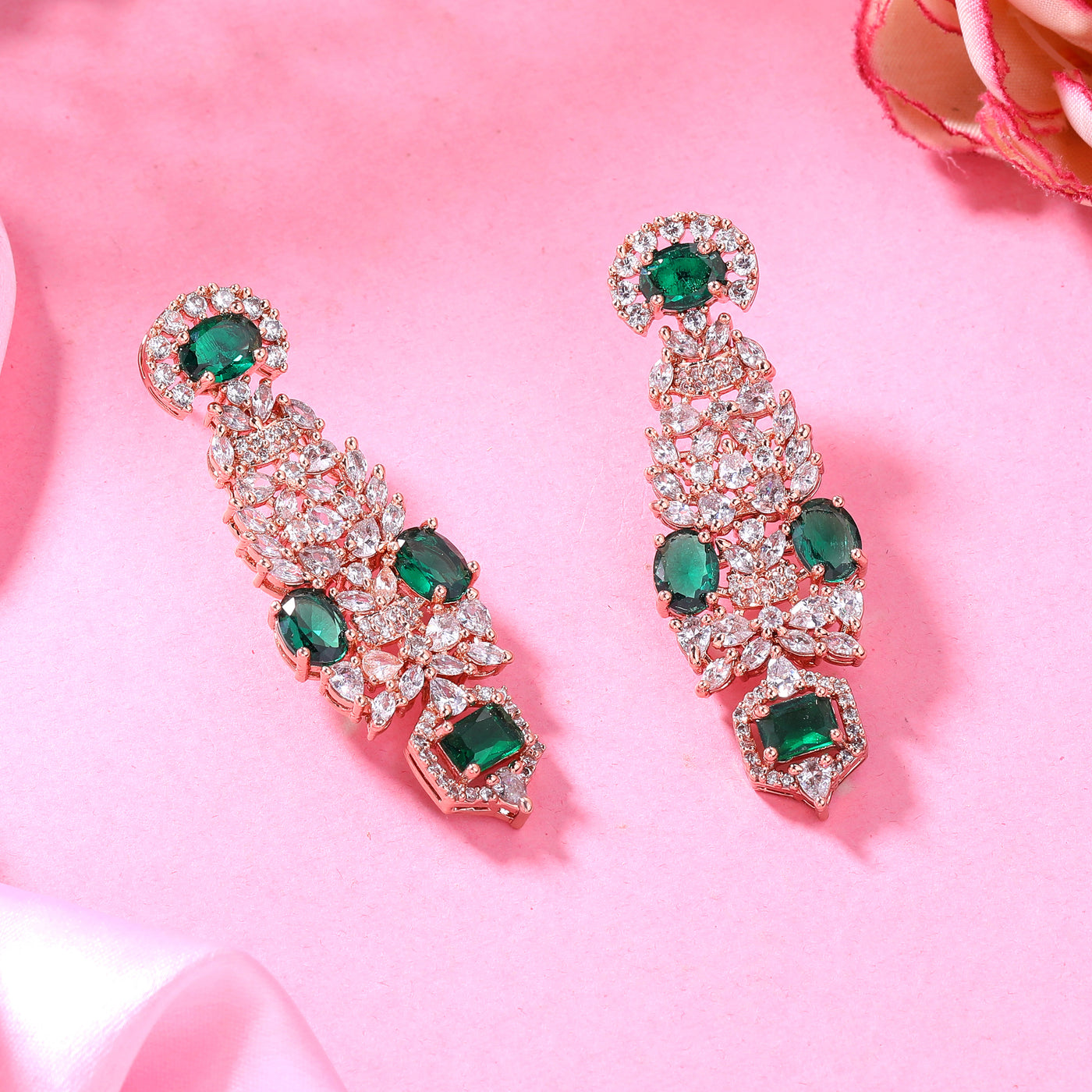 Estele Rose Gold Plated CZ Astonishing Earrings with Green Stones for Women