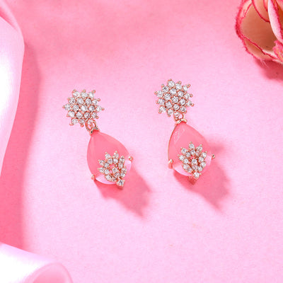 Estele Rose Gold Plated CZ Sparkling Earrings with Mint Pink Stones for Women