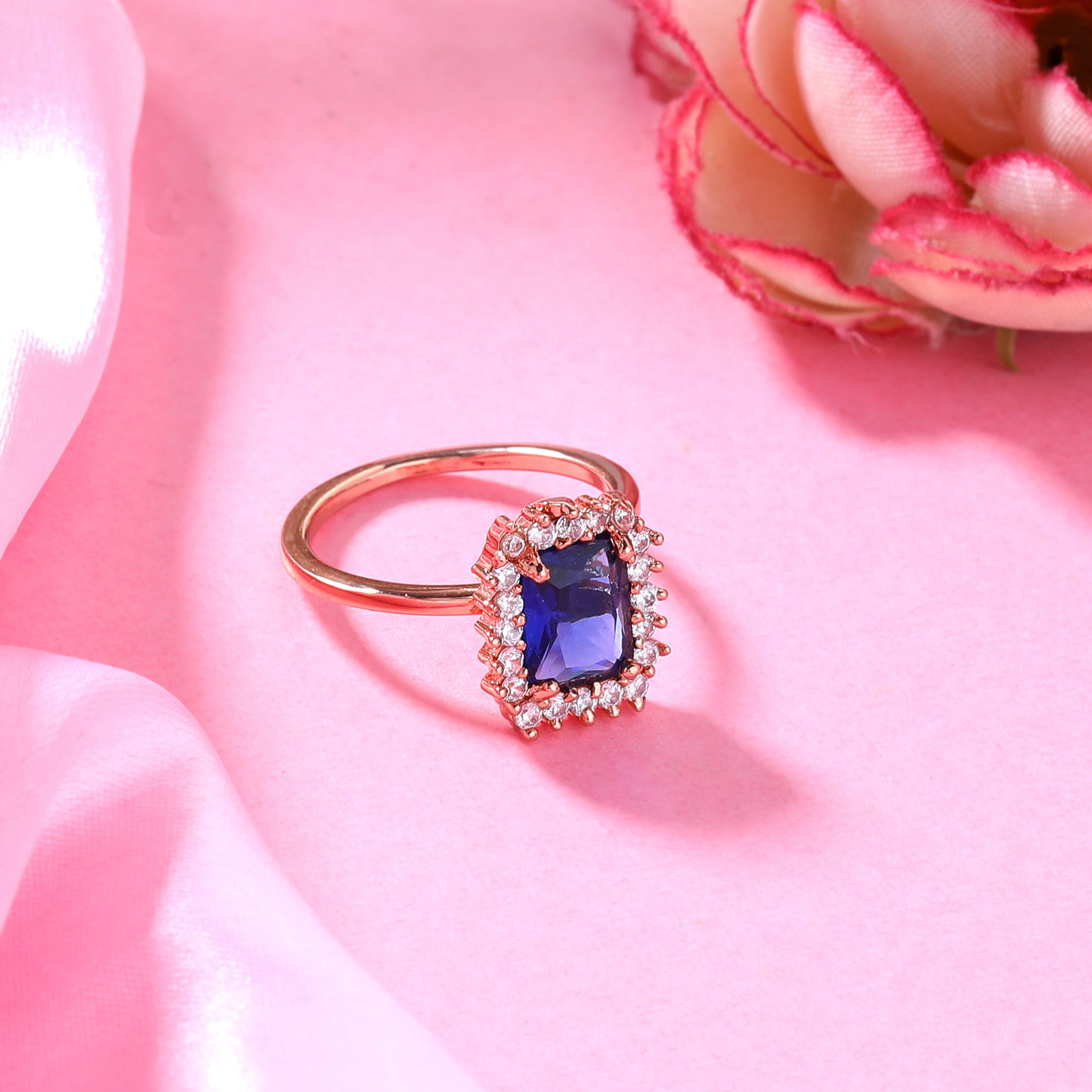 Estele Rose Gold Plated CZ Square Designer Finger Ring With Blue Stones for Women(Adjustable)