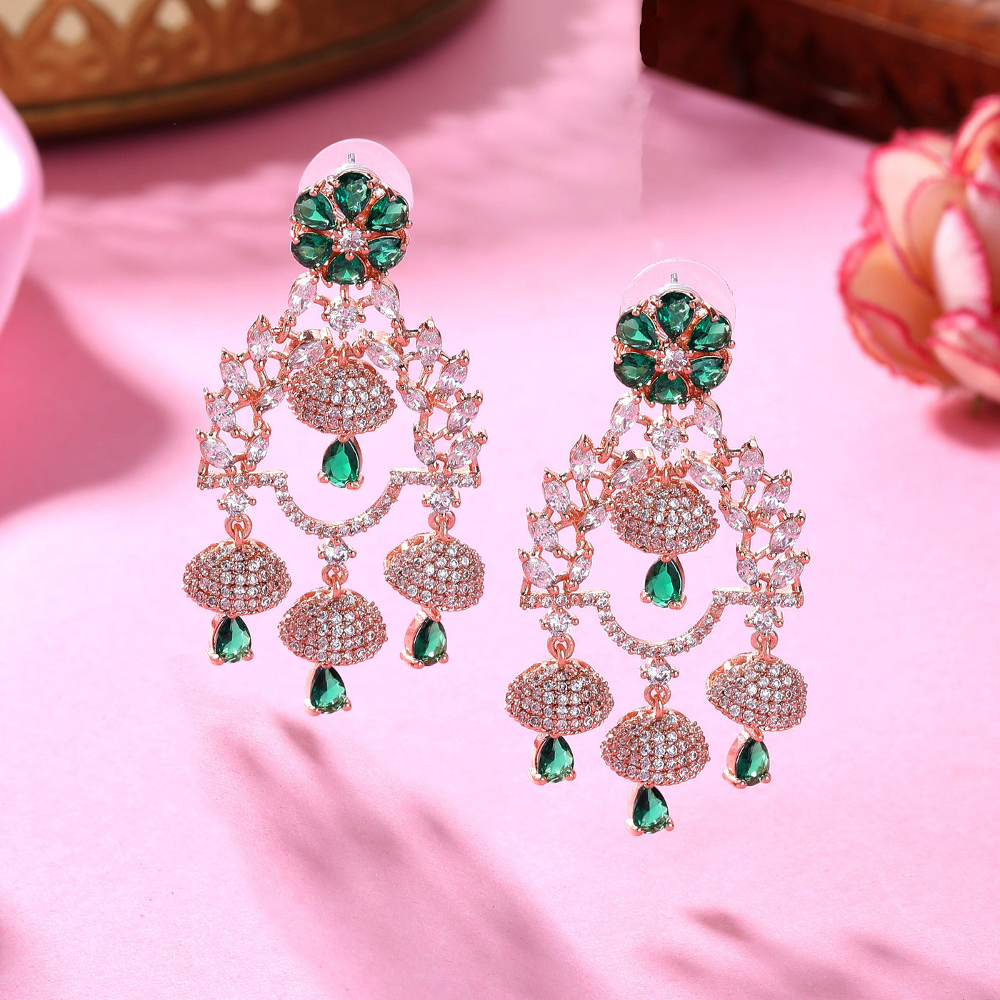 Estele Rose Gold Plated CZ Fascinating Jhumki Earrings with Green Stones for Women