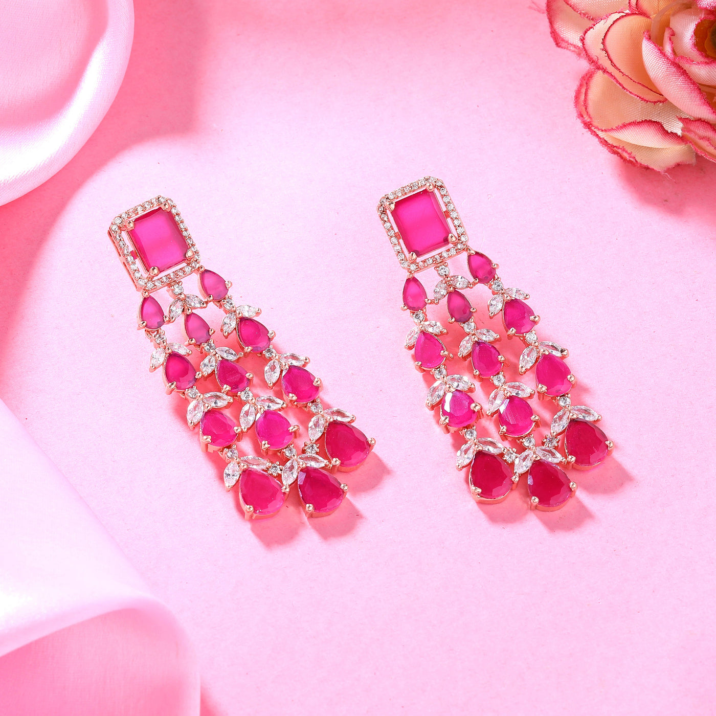 Estele Rose Gold Plated CZ Ravishing Earrings with Ruby Stones for Women