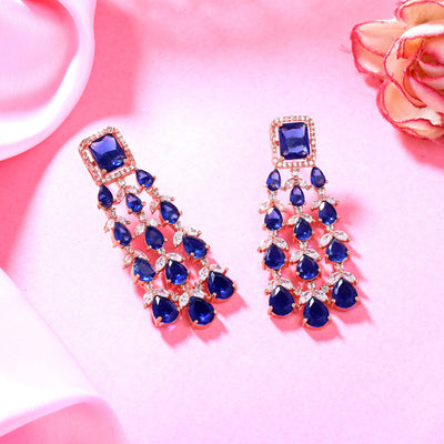 Estele Rose Gold Plated CZ Ravishing Earrings with Blue Stones for Women