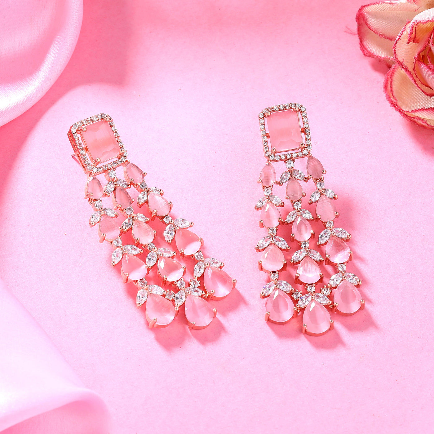 Estele Rose Gold Plated CZ Ravishing Earrings with Mint Pink Stones for Women