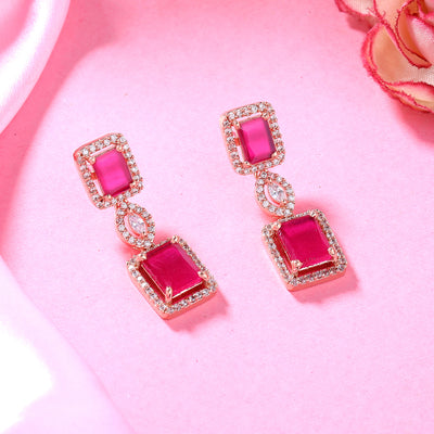 Estele Rose Gold Plated CZ Shimmering Square Designer Earrings with Ruby Stones for Women