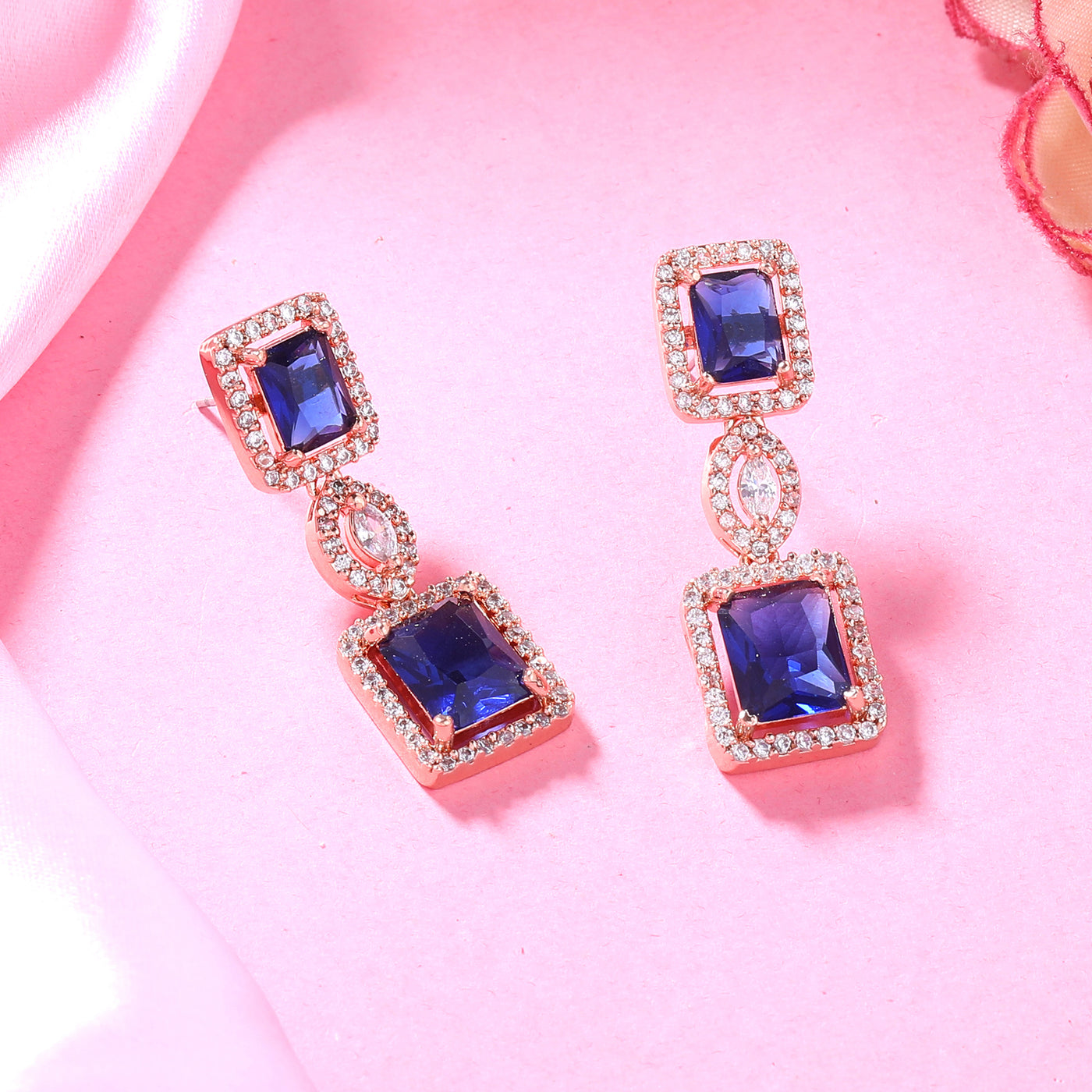 Estele Rose Gold Plated CZ Shimmering Square Designer Earrings with Blue Stones for Women