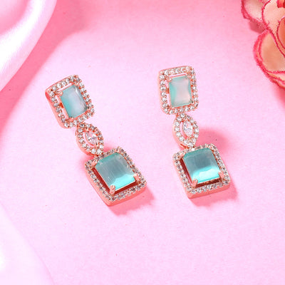 Estele Rose Gold Plated CZ Shimmering Square Designer Earrings with Mint Green Stones for Women