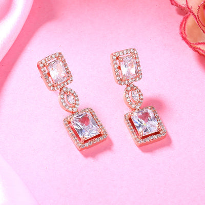 Estele Rose Gold Plated CZ Shimmering Square Designer Earrings with White Stones for Women