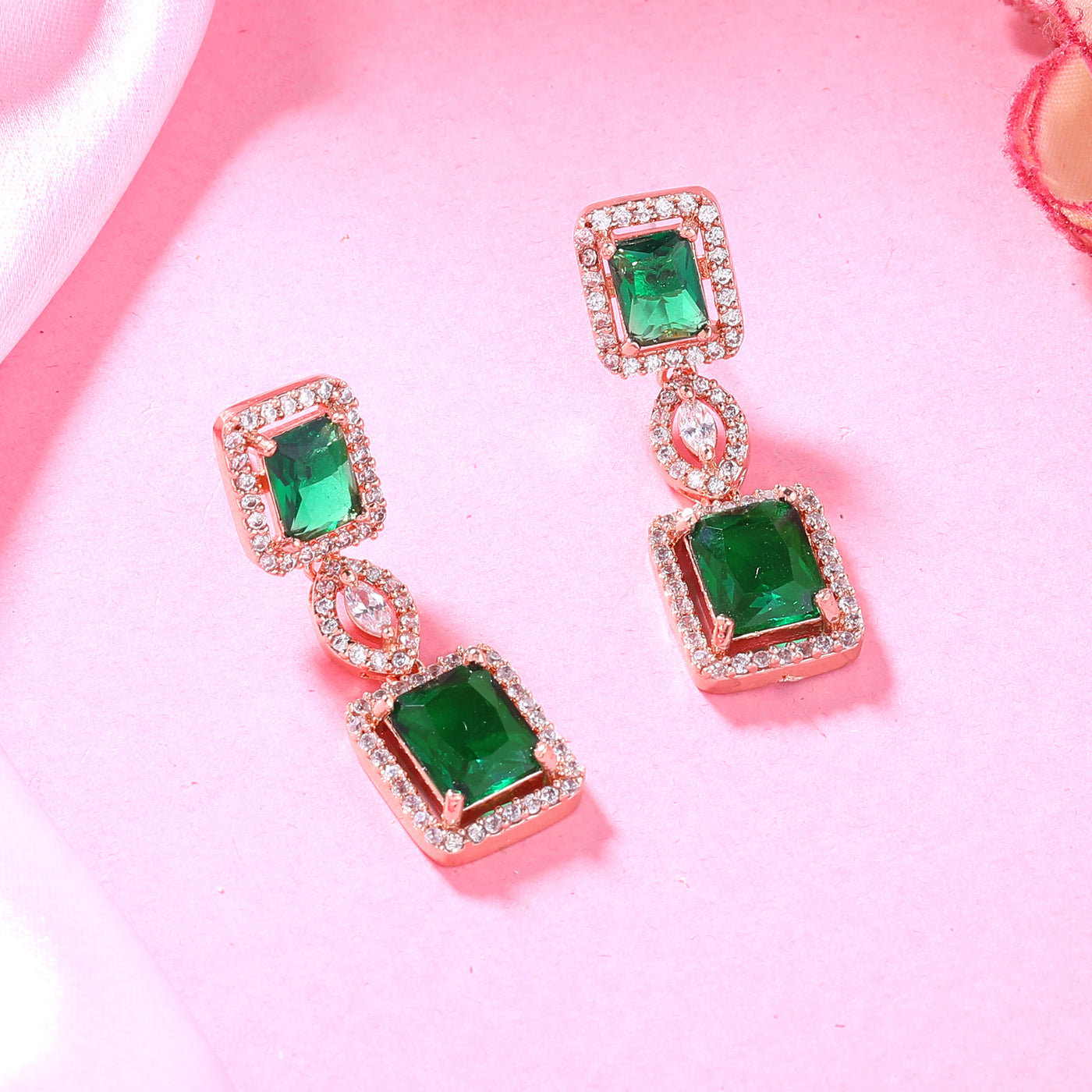 Estele Rose Gold Plated CZ Shimmering Square Designer Earrings with Green Stones for Women