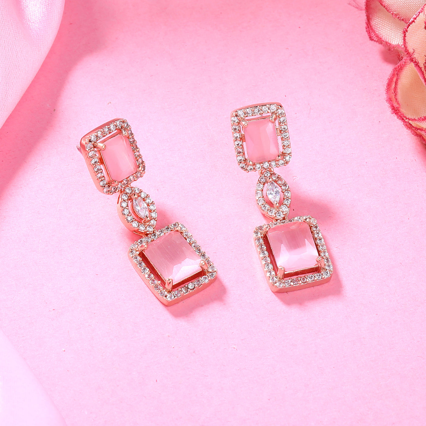 Estele Rose Gold Plated CZ Shimmering Square Designer Earrings with Mint Pink Stones for Women